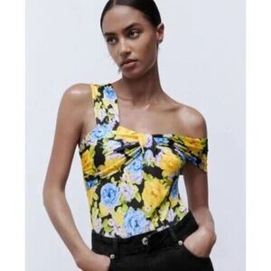 ZARA Blue Yellow Black Floral Asymmetrical Bodysuit Front Knot Ruched Small NWOT